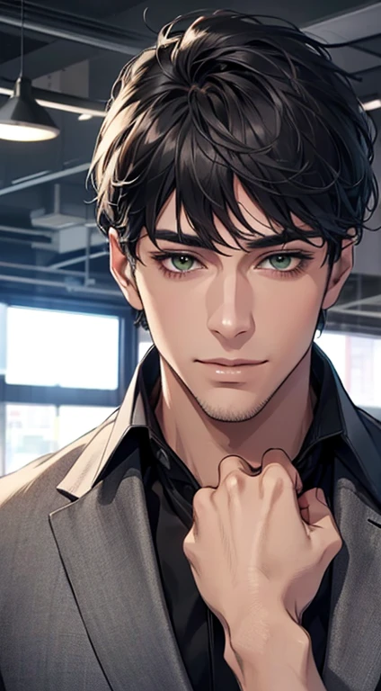 (Highest quality,4K,8K,High resolution,masterpiece:1.2),Super detailed,(Realistic,photoRealistic,photo-Realistic:1.37),1 personld,Mature Men,Beautiful skin、very handsome,Expressionless smile in love,Short gray Black hair,green eyes,Sharp Eyes,A perfect face without a doubt,Businessman, CEO, Office Background,Cinema Lighting,HDR image,tie、