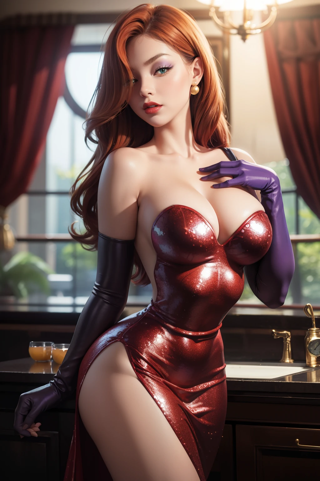 Cartoon_Jessica_rabbit_aiwaifu,aiwaifu,
hair over one eye,Red hair,narrow waist,very long hair, by the wide, tall woman, toned,make up,Lipstick,big breasts,shadow,green eyes,thighs,huge breasts,red Lips,Lips,curves,thick thighs,Wide hips,clavicle,long legs, one eye covered,
elbow gloves,purple gloves,dress,bare shoulders,neckline,red dress,Strapless,Strapless dress,side slit,jewelry,earrings,long dress,cocktail dress,shackles,thighs,
official art,Extremely detailed CG unity 8k wallpaper, perfect lighting,striking, bright_Forehead_face_switched on,piel bright, (masterpiece:1.0),(better_quality:1.0), ultra high resolution,4k,ultra detailed, Photography, 8k, HdR, High resolution, (absurdities:1.2), Kodak Photo 400, film grain, blurred background, (bokeh:1.2), Lens flare, (Vibrant_Color:1.2),Photography profesional, (beautiful_face:1.5),pezones muy erectos se marcan en su dress, Wide hips