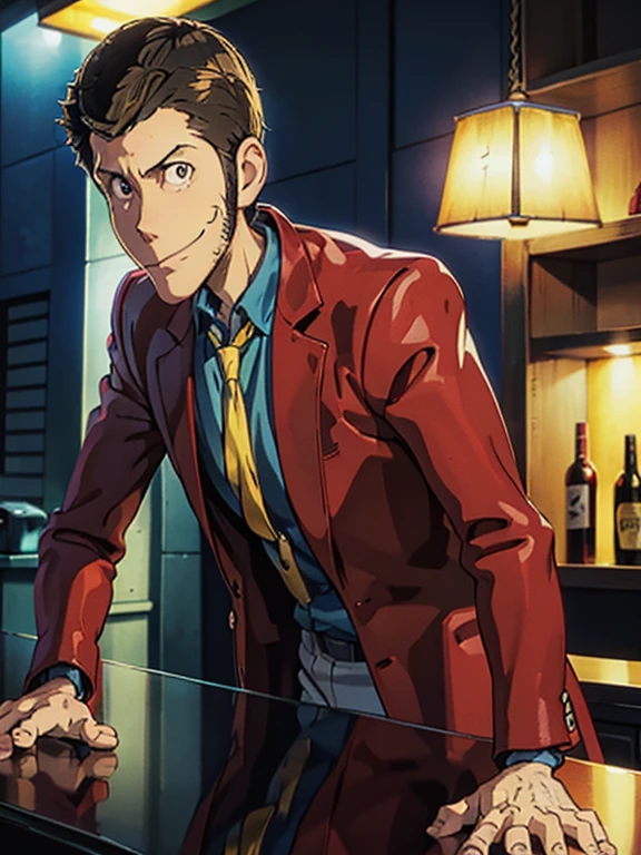 Lupin, (Red jacket, Blue shirt, yellow tie, very short hair), Close-up, Natural side Lighting, Toon Shader Rendering, ((A slightly dimly lit bar, Sit at the counter)), Surreal Scene, Slightly Smile with mouth closed, With a glass, Nice atmosphere, Anime style illustration