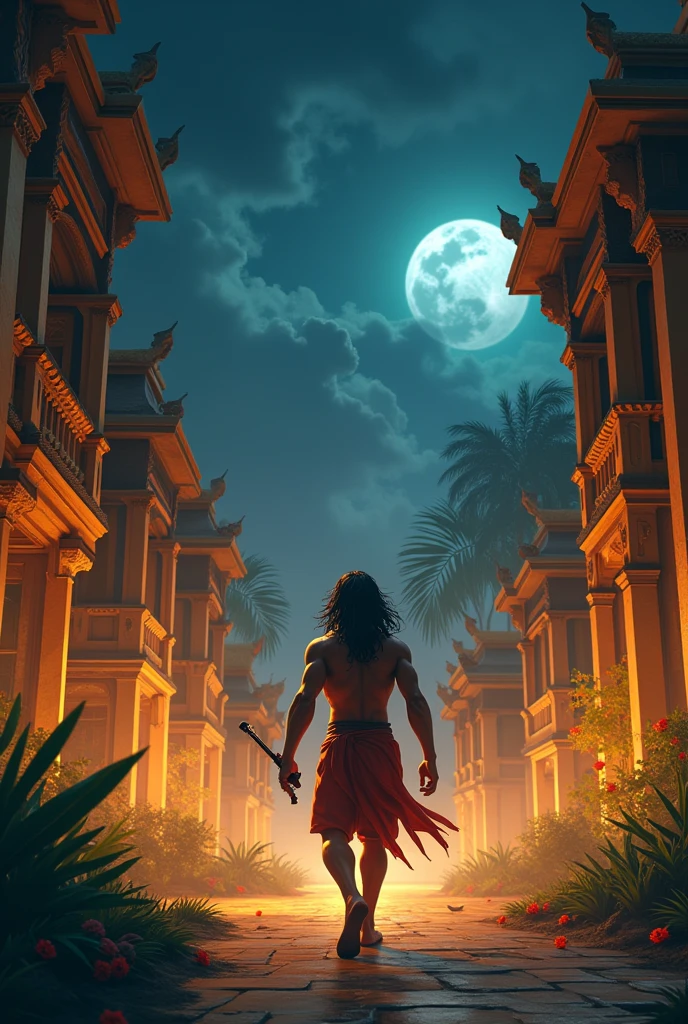 Ine cinematic 3D cartoon style"Exploration of Lanka: Hanuman moving stealthily through the streets of Lanka at night, with golden palaces and demons patrolling the area, as he searches for Sita.
Discovery of Ashok Vatika: Hanuman discovering the lush and serene Ashok Vatika filled with flowering trees, streams, and vibrant vegetation.
Sita in Ashok Vatika: Sita sitting under a large tree in Ashok Vatika, looking sorrowful, surrounded by demons guarding her, with her eyes full of longing"