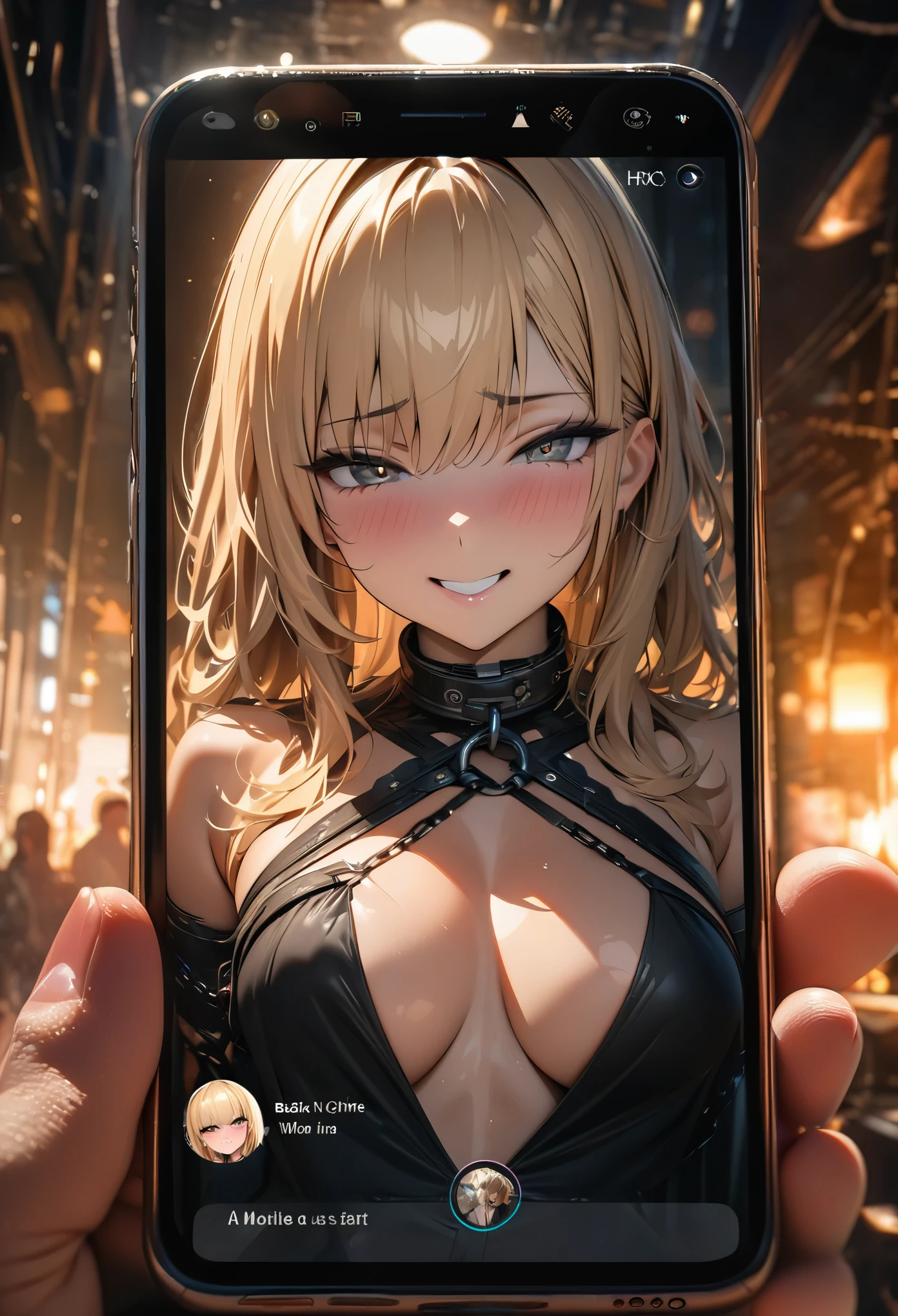(masterpiece:1.2), (best quality,:1.2), 8K, HDR, Extremely detailed, ((Reality)), ((A mobile phone)),Mobile interface,Inside is a sexy blonde in chains,Seductive sexy expression,Ambiguous warm light,There is an interface button below that says "START"
