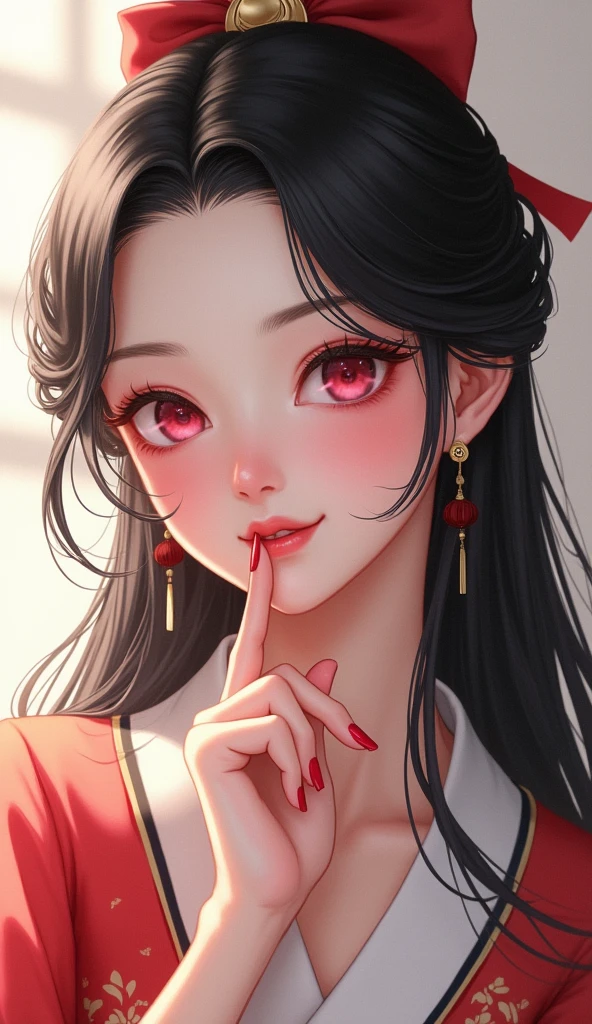 1 girl in Chinese dress, long hair, black hair, pink eyes, laughing happily, beautiful fingers covering lips, red nails