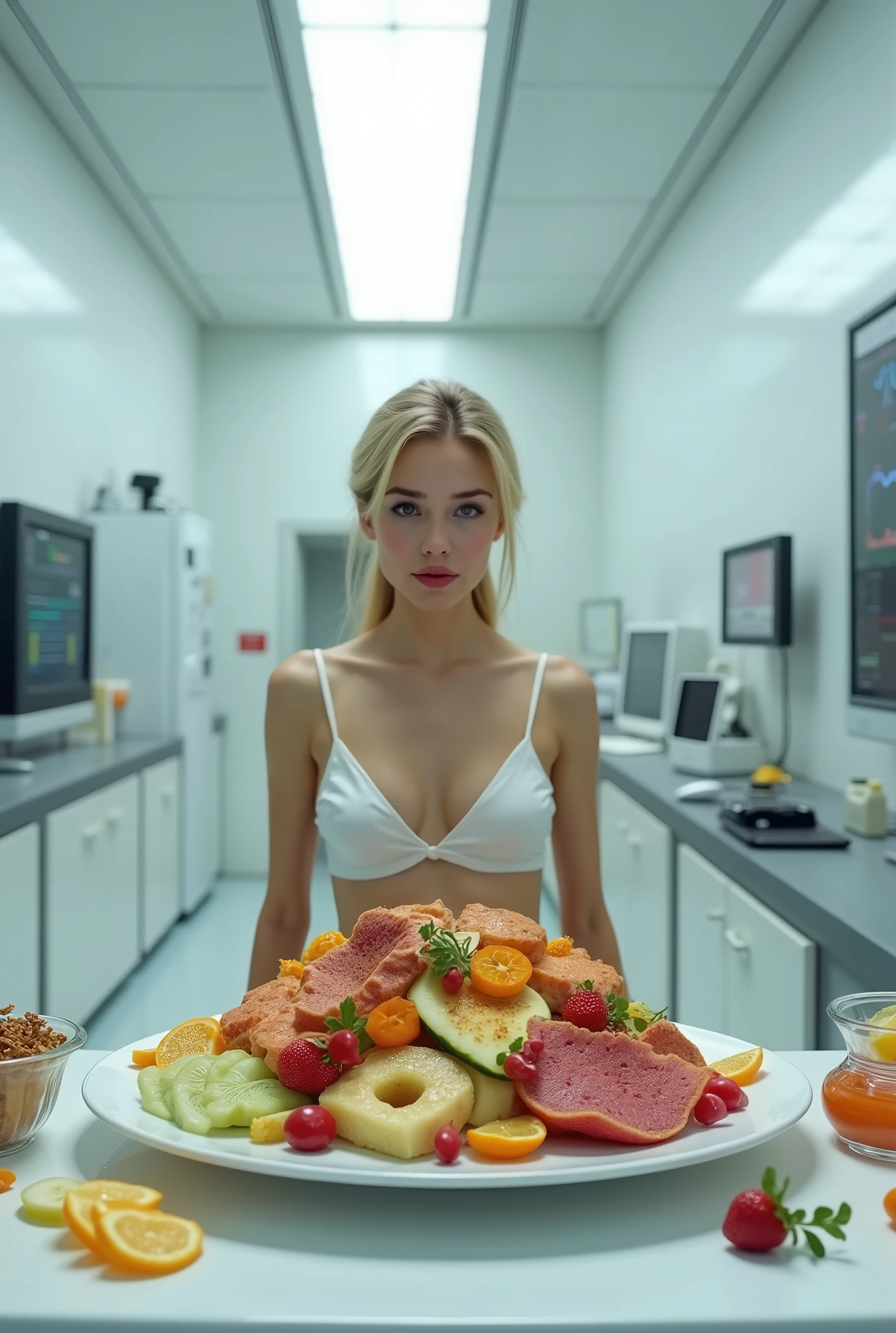 Create a science of a thin woman who starts eating 20.000 calories per day and this is done for 1 month