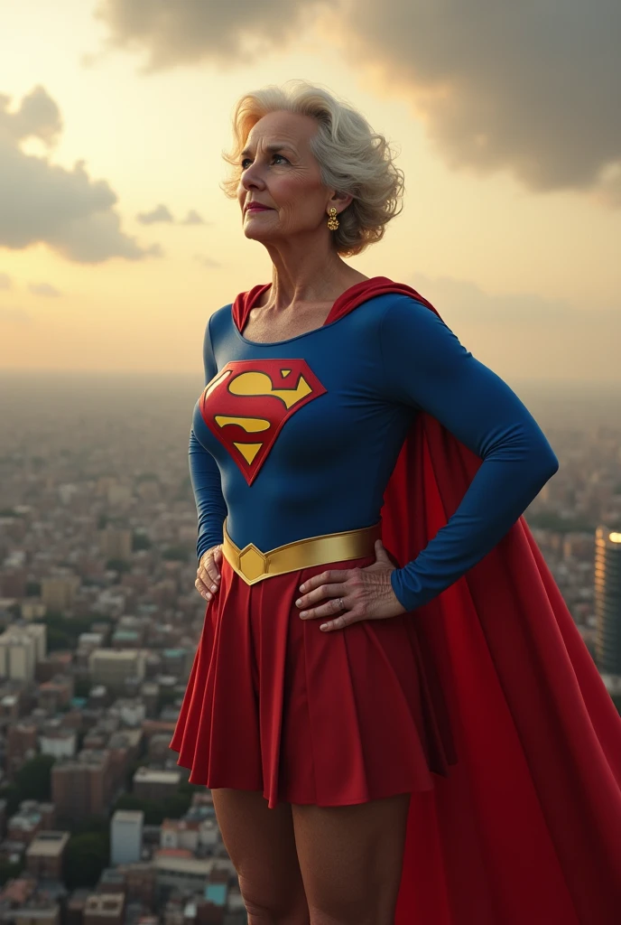Julie Hagerty(((very beautiful old Supergirl (((1984s costume))); Julie Hagerty))) Super old woman Julie Hagerty; confident, powerful, indestructible, attractive; big and firm chest, floating high above the city, sunlight streaming through the clouds, dramatic pose, cinematic lighting, colorful cityscape below, gritty urban environment, intricate details, hyper-realistic, 8k, cinematic, dramatic, grandiose, superhero, flying, cape flowing, muscular, confident, powerful, determined expression, glowing eyes, lens flare, volumetric lighting, cinematic camera angle, dramatic shadows and highlights, photorealistic, vibrant colors, highly detailed, masterpiece