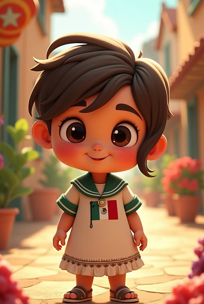 animated cartoon, child,medium brown,broken brown hair, right side hairstyle,Light coffee,sailor dress, That has the name "Juan"representing the independence of Mexico with the Mexican flag