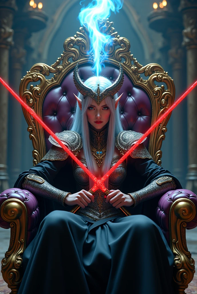 Surreal Very detailed Ultra Fantasy Ultimate Details Ultra-high resolution 8K 32k 3D Clear Eyes Silver Hair Sit on a chair A hawk sits on a skull A pale blue flame of mystical energy shoots out from above his hands. Assassin Dragons on both shoulders mechanical engineering Mechanic Art . intricate and elaborate design, money, gold Silver Silver Red Black-purple Dynamic pose Cinema Lighting Demonic Spell Aura Sit on a chair Magic circle design A large, luxurious amulet made of gold Vivid Color Girl Gorgeous and mysterious mage holding two red wands crossed on chest A gorgeous, devilish and cool tiara The ultimate mysterious design Satanism Demonic Armor Mysterious Chair Textured Armor Girl