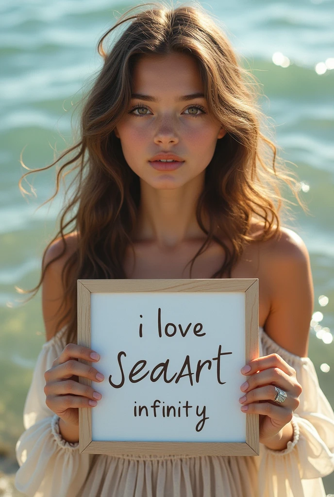 Beautiful girl with wavy long hair, bohemian dress, holding a white board with text "I Love Seaart Infinity" and showing it to the viewer