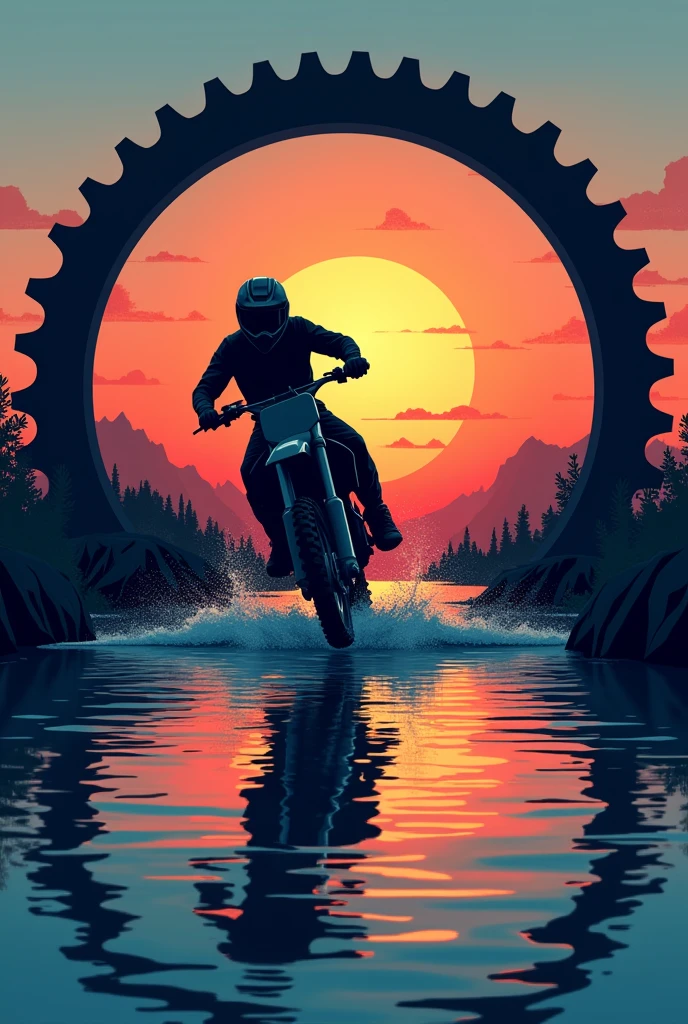 Make a silhouette of a dirt bike doing a river crossing with the water blue and sunset. Put it in a circular frame with it's edges as a dirt bike sprocket