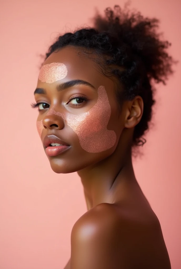 Creative and aesthetic Shoot  with pink or white background of female brown model with applied rose mud face mask