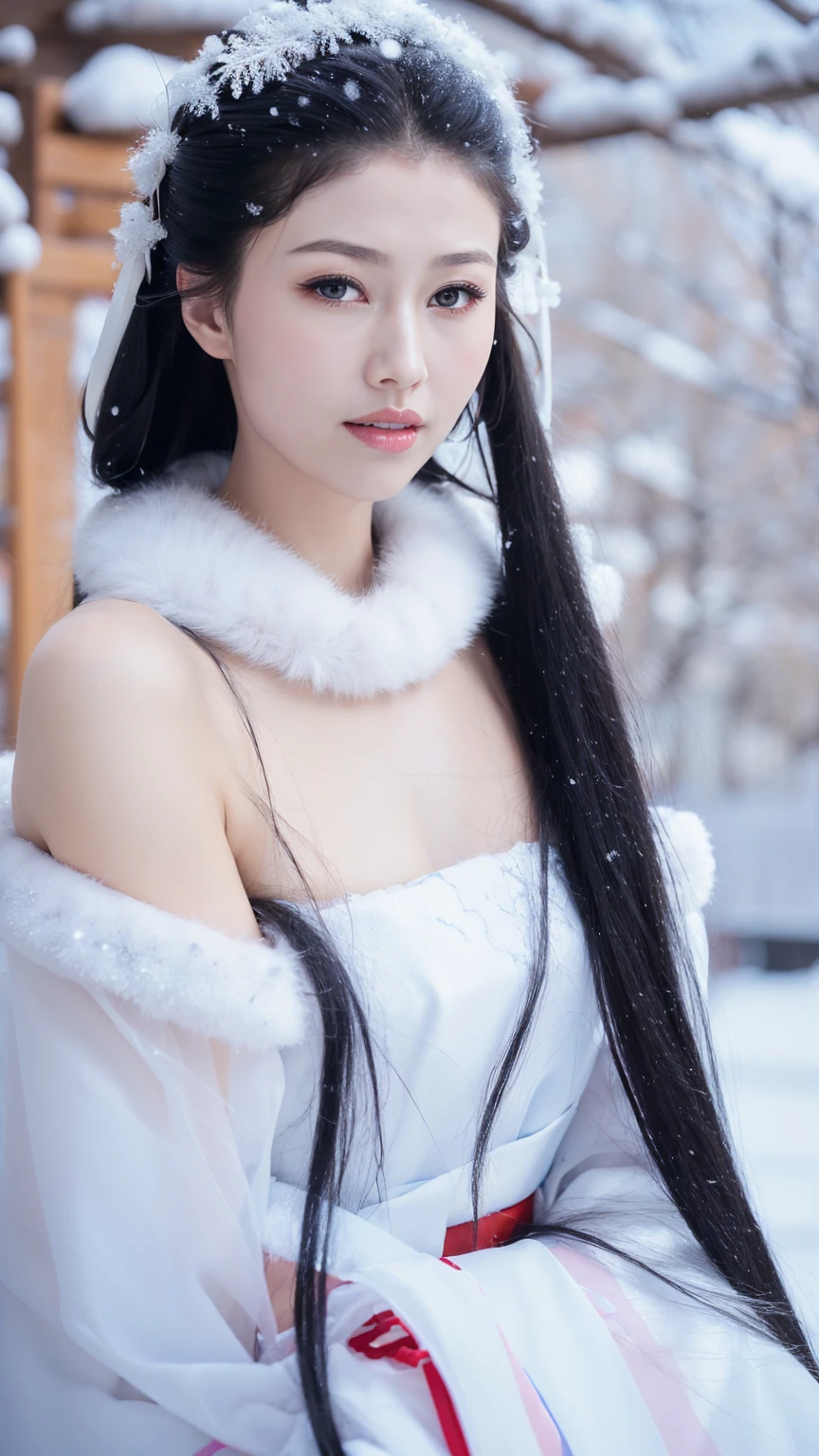 1 Fashion Model [[[[close up]]]], [[[[neck]]]], [[[[Shoulder]]]], (((Complete head)))，(((Complete hairstyle)))，Perfect eyes, Perfect Iris，Perfect lips，Perfect Teeth，Perfect skin，White skin，Soft headlights，High-density imaging，Black long hair，（Clean and delicate face），((White fur winter hanfu))，((Half-length photo))，((The background is a snowy scene))，((winter))，((Various dynamic poses))，((The background is a snowy scene))，best quality，masterpiece，（Soft colors：1.2）
