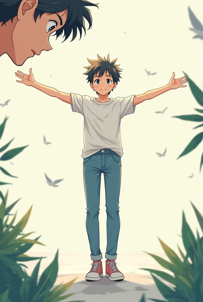 A person watching an anime boy in casual clothes with arms outstretched 