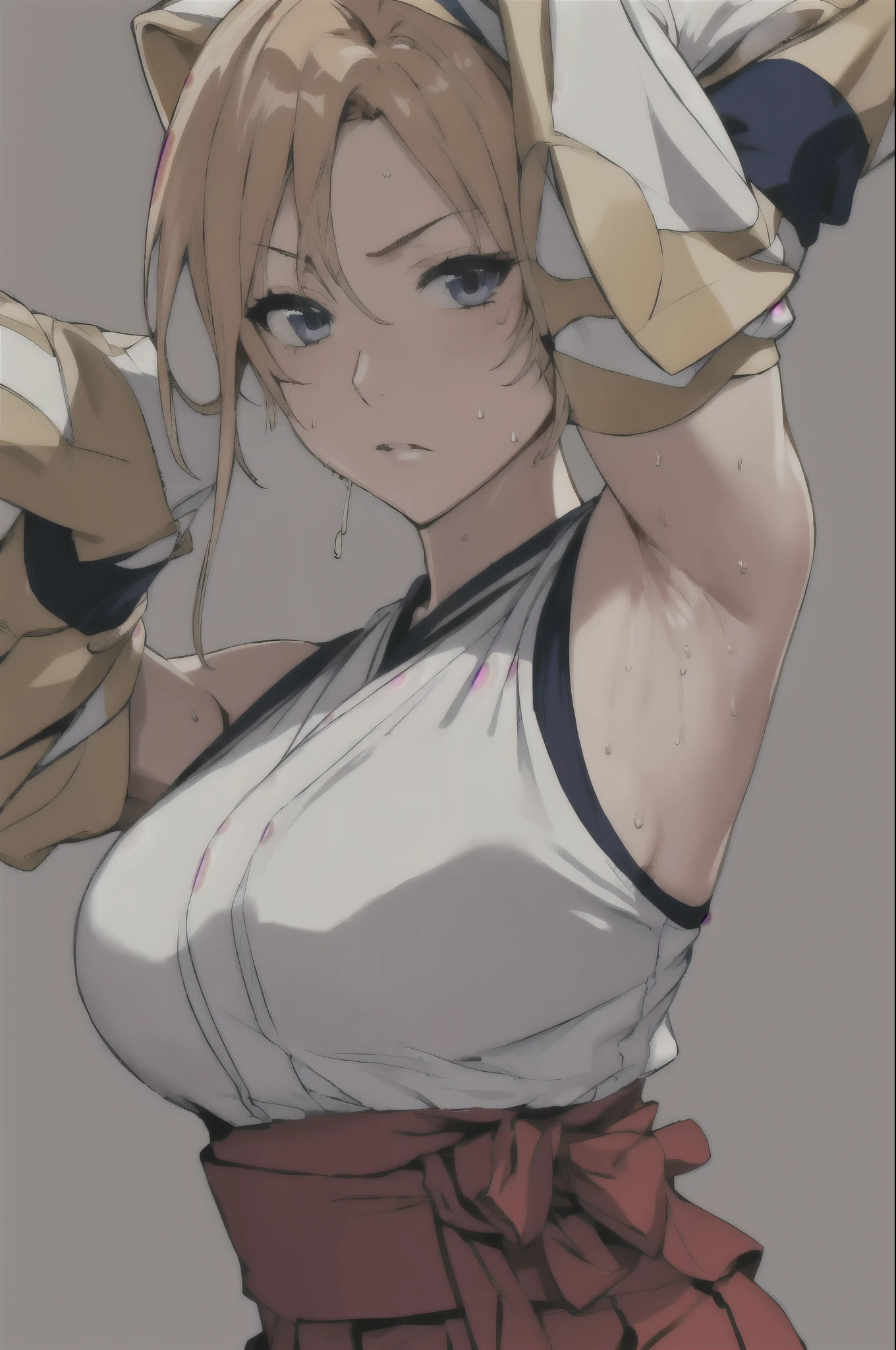 8k, anime style
masterpiece,best quality, unreal engine, ultra res, extremely detailed,
HEWS STYLE
CSR STYLE ROUND BREASTS, medium BREASTS
(simple background:1.2)
1girl,waist, slender, (muscular:0.7)
holding sword KASUMIMS, HEADBAND, JAPANESE CLOTHES, HAKAMA, HAKAMA SKIRT, DOUGI, TABI, SASH, BLUE HAKAMA
fighting stance, fingerless gloves, sweaty, armpits, close up armpits