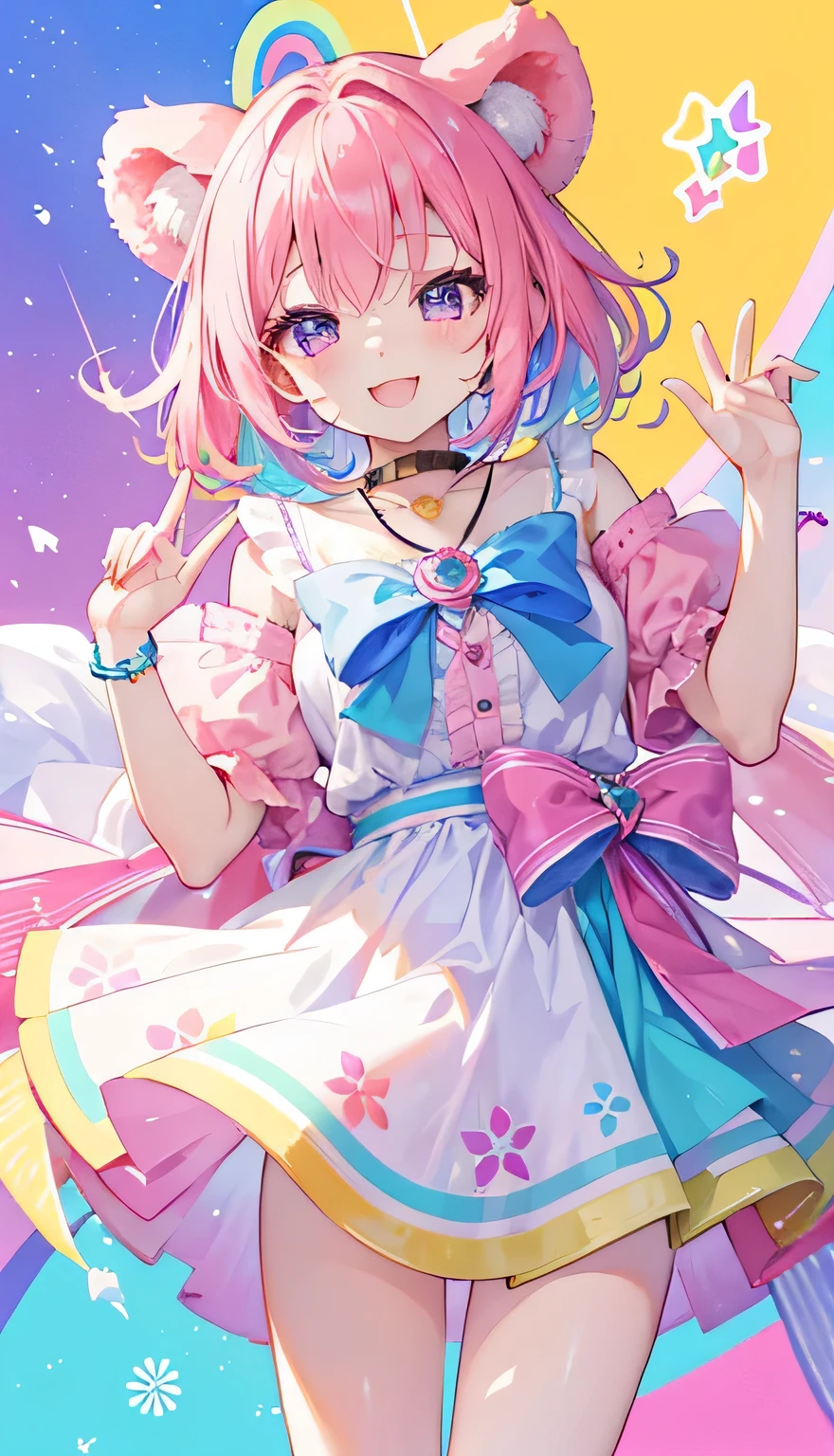 Colorful bright background，Short fluffy pink hair，Bear ears,Bob Hair,Wavy Hair,Transparent gum texture and rainbow costume、Rainbow colorsのキラキラした服を着てください，Rainbow colors，smile,Gorgeous,Cyan matching accessories pendant decoration，This is a very sweet and sweet girl, Gorgeous, Purple Eyes, 優しいsmile、Laughing with mouth open,sexy