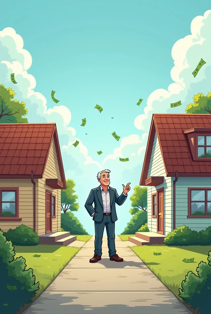 Scene 3: The Difference Between Assets and Liabilities:
Illustrate a scene where Rich Dad is explaining assets and liabilities. On one side, show a house with a “For Sale” sign, representing a liability. On the other side, show a small apartment building or a business, with money flowing towards the viewer, representing assets. Rich Dad points towards the asset side, emphasizing its importance
