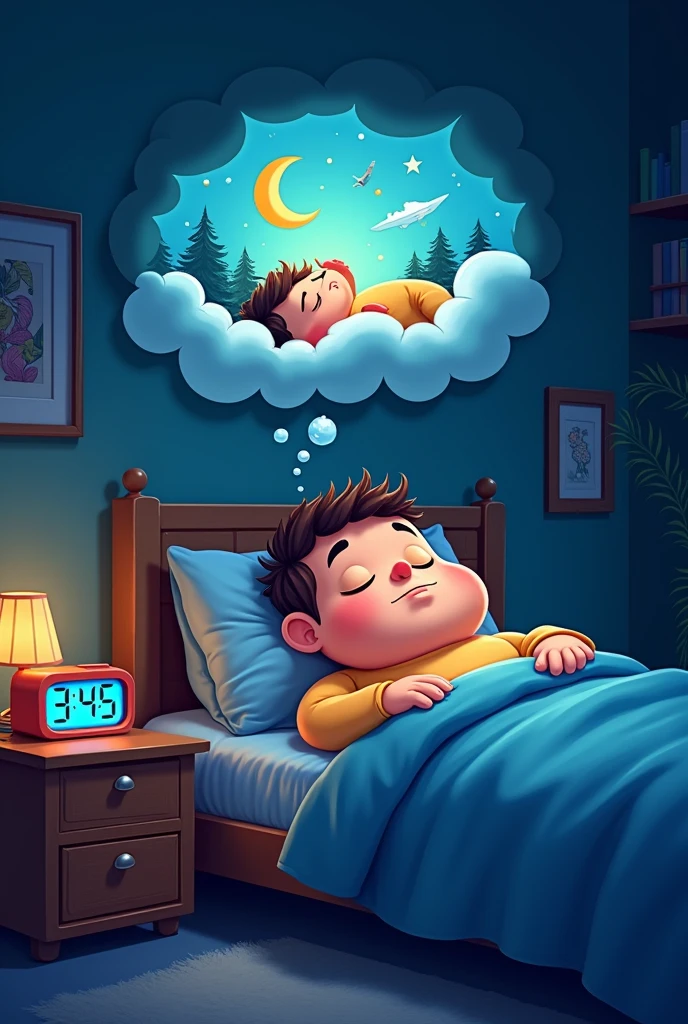 A cartoon men sleeping in bed room at 3:45 at night. Her room in table clock, and he dreaming,  her had up dreaming scene in dream shape, her  900x1080 image