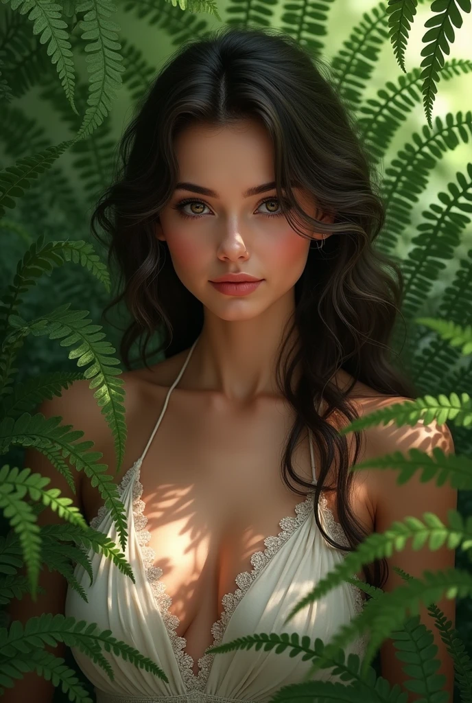Beautiful girl with big breasts and green plant staghorn fern