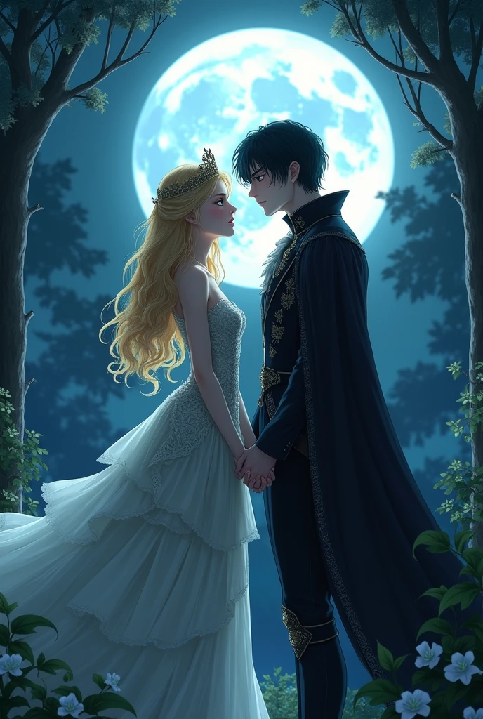 In anime style "A beautiful princess, Elara, with golden hair and emerald eyes, moonlit garden. She wears a flowing, elegant gown with intricate details, and the soft light of the moon A mysterious vampire, Lucien, with dark hair and piercing midnight-blue eyes, He is dressed in dark, regal clothing with a high collar, blending into the night Elara and Lucien stand face-to-face in the moonlit garden. Elara looks curious yet unafraid, her green eyes reflecting the moonlight, while Lucien, standing a bit apart, has a mix of sadness and hesitation in his expression. The surrounding garden is serene, with the full moon overhead illuminating their figures.