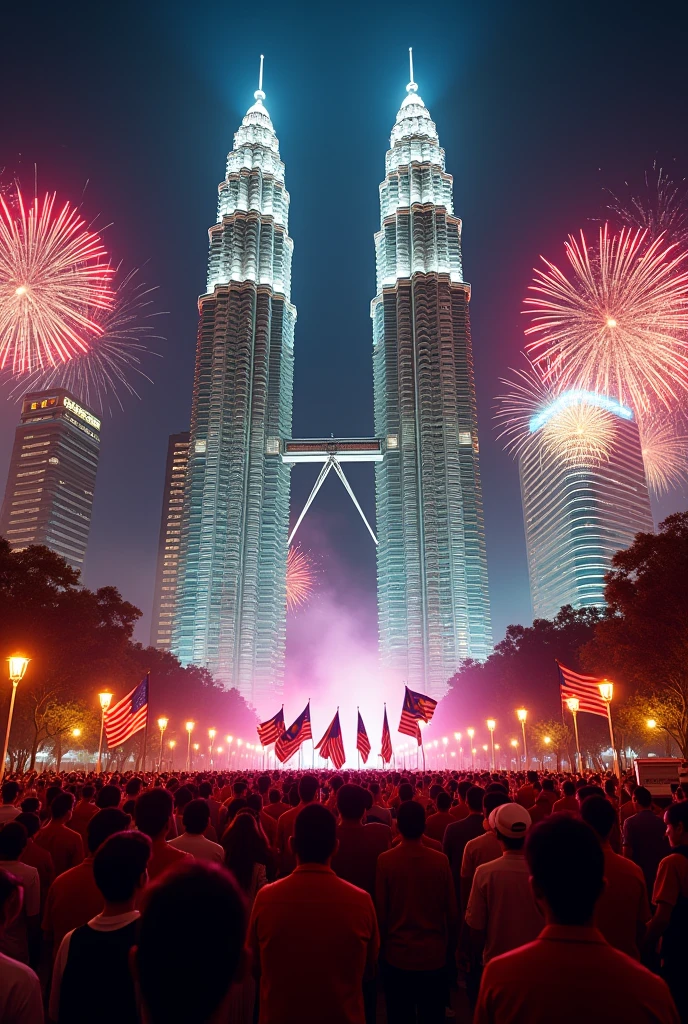 ((photorealism:1.2)), Malaysia Day, Citizens back, Malaysia flags big, Malaysia Petronas Twin tower, High-Quality image Generation, night view, fireworks, citizen's cloth different colors