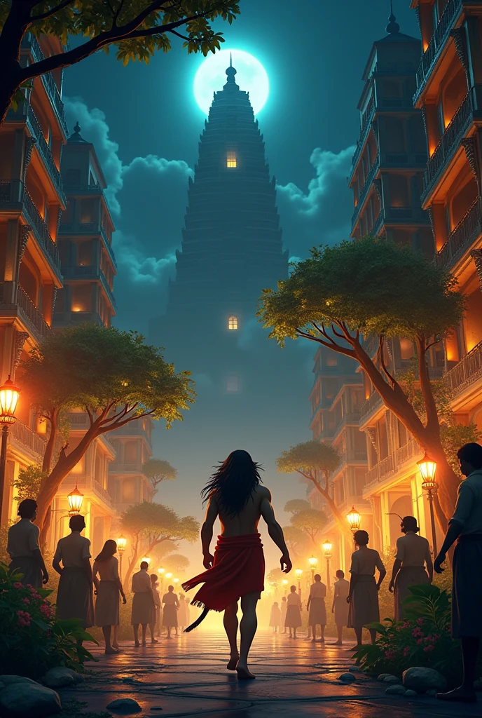 Ine cinematic 3D cartoon style"Exploration of Lanka: Hanuman moving stealthily through the streets of Lanka at night, with golden palaces and demons patrolling the area, as he searches for Sita.
Discovery of Ashok Vatika: Hanuman discovering the lush and serene Ashok Vatika filled with flowering trees, streams, and vibrant vegetation.
Sita in Ashok Vatika: Sita sitting under a large tree in Ashok Vatika, looking sorrowful, surrounded by demons guarding her, with her eyes full of longing"