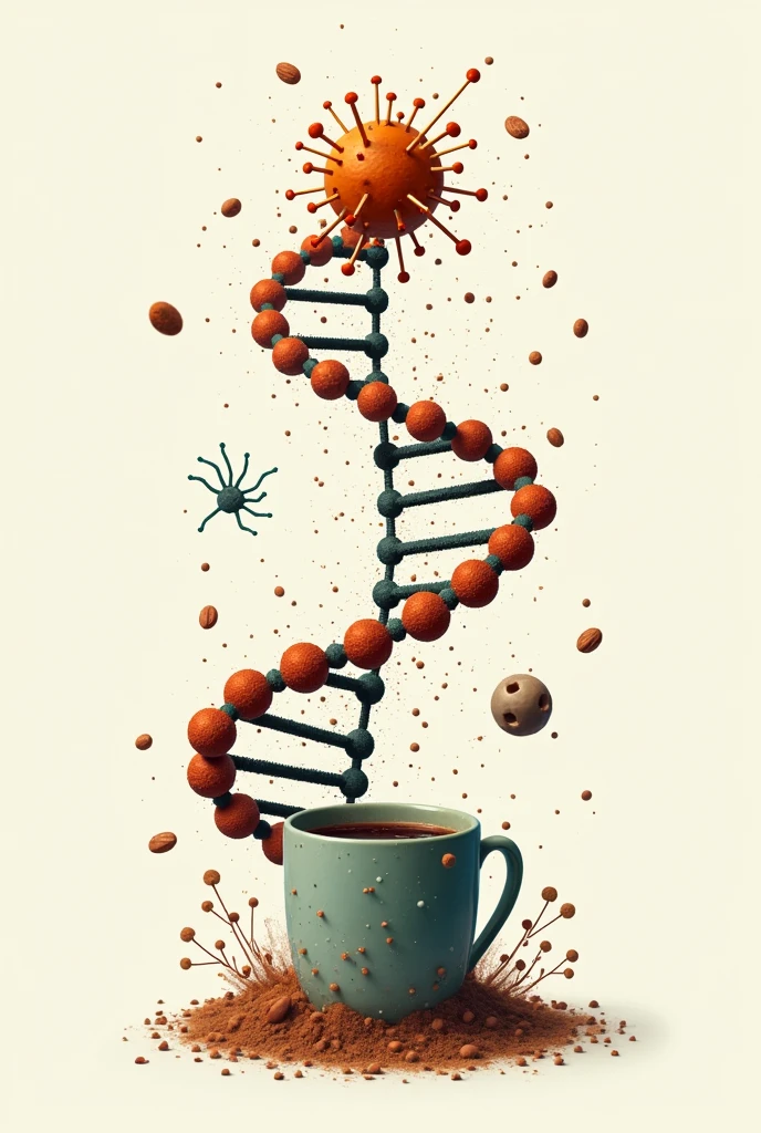 A single drawing where there is a caffeine molecule, a DNA molecule and a bacteriophage virus