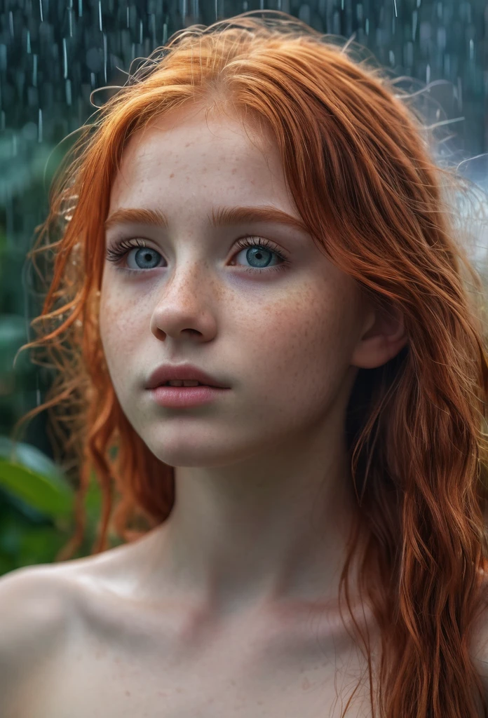 beautiful redhead old girl, naked, small breasts, detailed face and eyes, long eyelashes, highly detailed, intricate fantasy, cinematic lighting, dramatic pose, photorealistic, 8k, high quality, masterpiece, 28mm , rainy sky background, garden