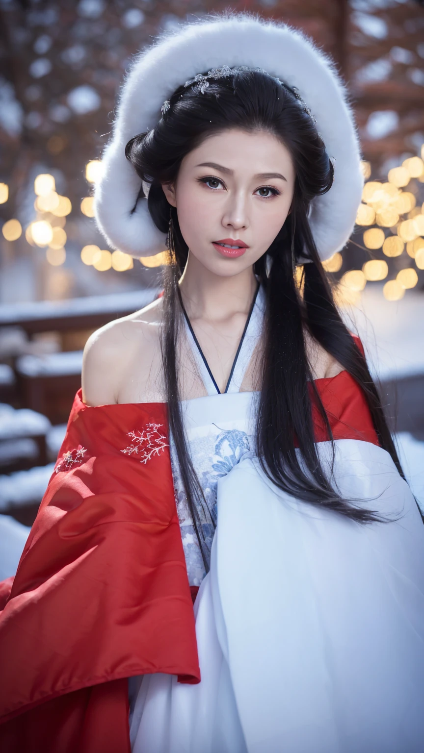 1 Fashion Model [[[[close up]]]], [[[[neck]]]], [[[[Shoulder]]]], (((Complete head)))，(((Complete hairstyle)))，Perfect eyes, Perfect Iris，Perfect lips，Perfect Teeth，Perfect skin，White skin，Soft headlights，High-density imaging，Black long hair，（Clean and delicate face），((Red fur winter hanfu))，((Half-length photo))，((The background is a snowy scene))，((winter))，((Various dynamic poses))，((The background is a snowy scene))，best quality，masterpiece，（Soft colors：1.2）