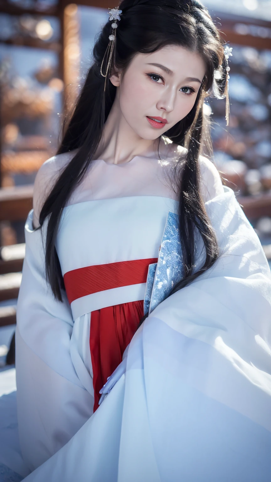 1 Fashion Model [[[[close up]]]], [[[[neck]]]], [[[[Shoulder]]]], (((Complete head)))，(((Complete hairstyle)))，Perfect eyes, Perfect Iris，Perfect lips，Perfect Teeth，Perfect skin，White skin，Soft headlights，High-density imaging，Black long hair，（Clean and delicate face），((Red fur winter hanfu))，((Half-length photo))，((The background is a snowy scene))，((winter))，((Various dynamic poses))，((The background is a snowy scene))，best quality，masterpiece，（Soft colors：1.2）