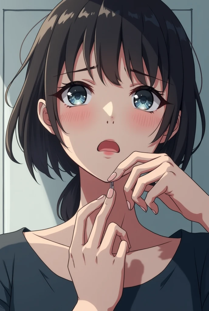 Masterpiece, Top quality,1 beautiful girl, solo, 1girl and 1 boy, kabedon pov, black hair, short hair, wave hair,15 year old, medium breasts, standard weight, (Off-the-shoulder sweater:1.3), blush :1.5, incoming kiss, blurry background, sunset, from above:1.3, close up of face:1.5,