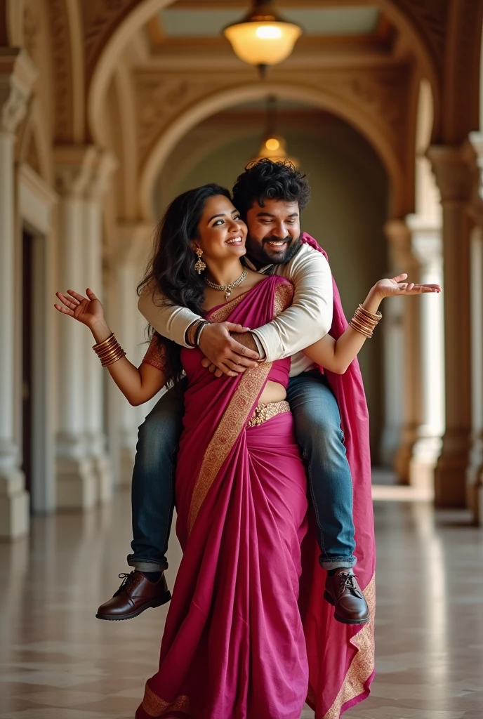 Beautiful and Slim Indian woman in a dark pink silk saree lifting piggyback a large chubby man above her shoulders, man is sitting on woman's shoulders, in a wedding hall with high ceiling, natural smile, woman is looking into the camera , she is holding his hands, full body image