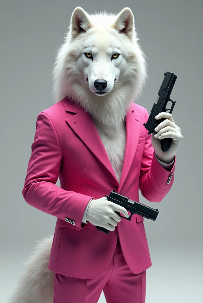 A white wolf. Wearing a brightly colored suit, variously described as pink or magenta. Holding a glock at gunpoint.