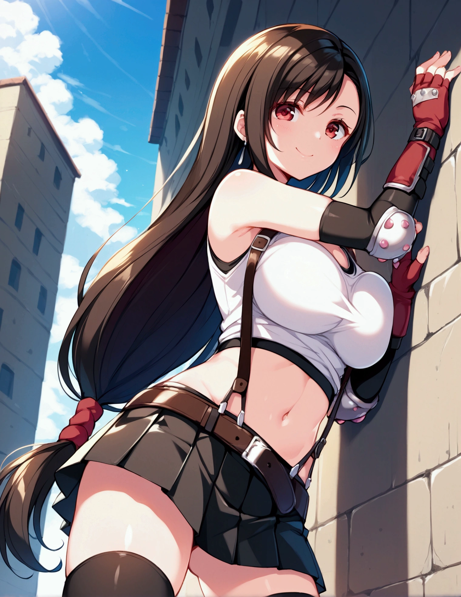 (score_9
score_8_up
score_7_up
score_6_up
score_5_up
score_4_up
source_anime),,BREAK , ,dutch angle,,breast below view, breast press,,standing,leaning on wall.. upperbody,,Solo ,1girl, tifa lockhart, final fantasy, tareme,black hair, low-tied long hair, red eyes, bangs, (white tank top, belt, pleated skirt, thighhighs, elbow fingerless gloves, elbow pads, midriff, navel,suspender skirt) ,(large_breast),(light smile),daytime,outdoor,(ultra detailed),(best quality),(aesthetic,very aesthetic),UHD,extremely detailed CG unity 8k wallpaper,depth of field,,,detailed face and eyes