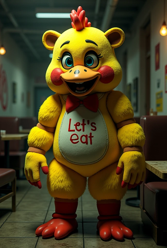 Toy chica suit, fnaf 2, girl inside inside, detailed.mascot suit, detailed mascot chicken head, bib "let's eat" , 4k res, sexy, spring locks visible, chest