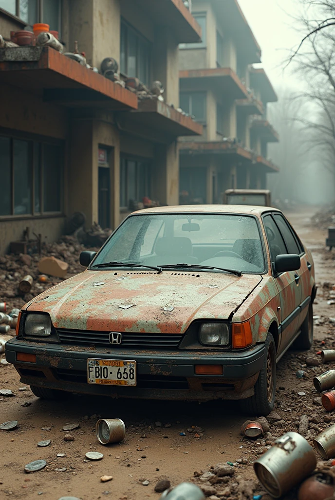Make a image,Honda civic car park in very dirt and destroy area