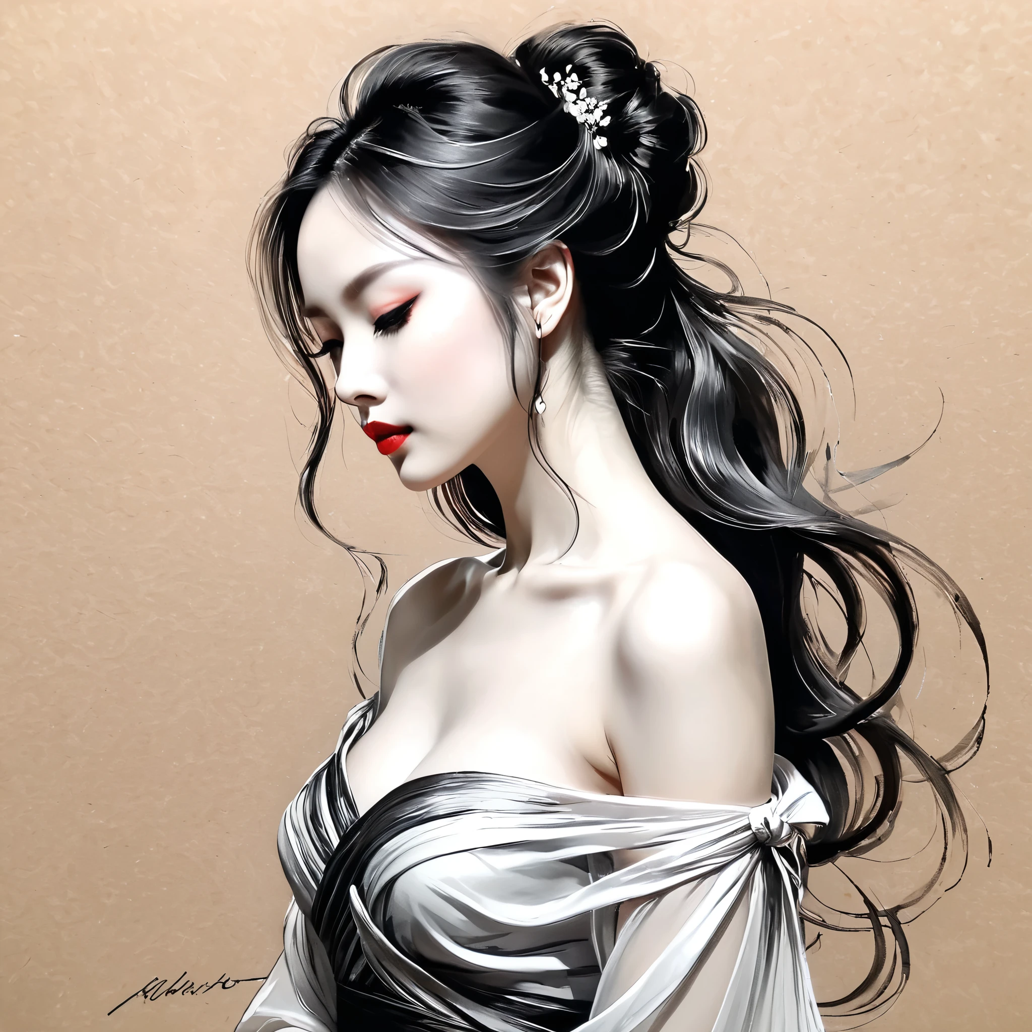 elegant maiden,black andwhite水墨画,pen sketch drawing,loose brushwork,Pen outlines delicate lines,Fluid action,Subtle shades of paint,elegant posture,A peaceful expression,Delicate facial features,black andwhite,to clean, little red.