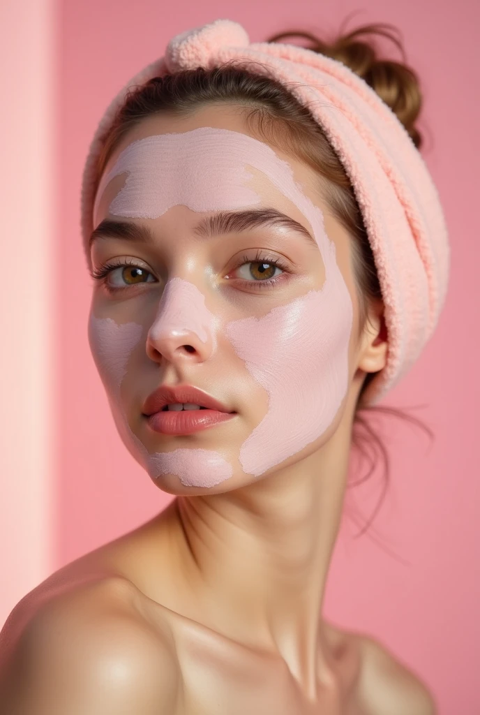 Creative and aesthetic Shoot with pink or white background of female model with applied rose mud face mask