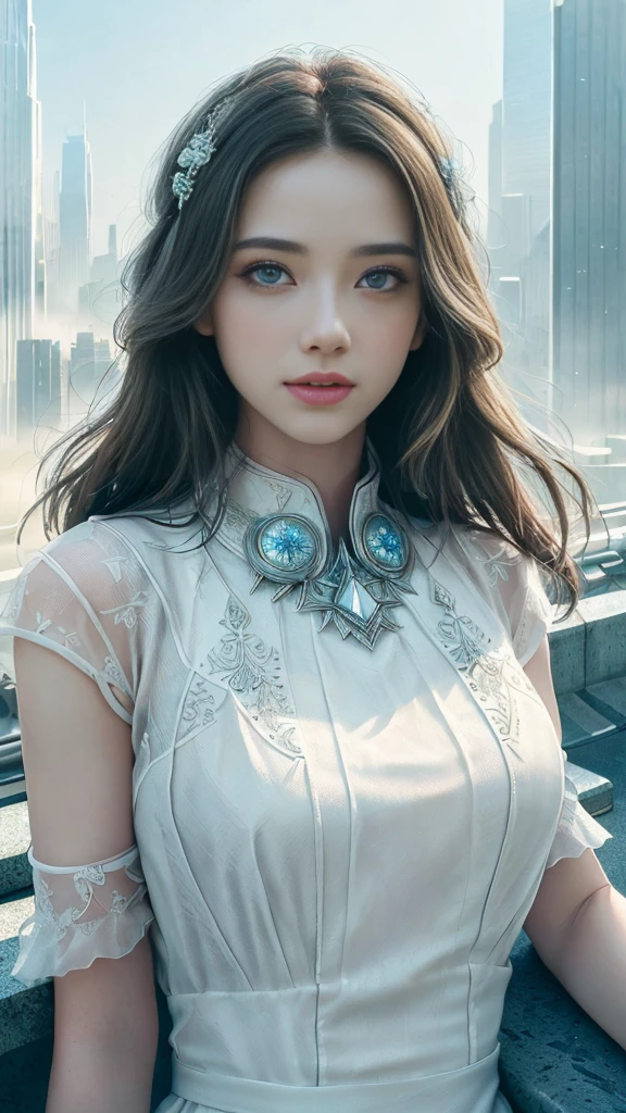 hyper realistic image of the highest quality (((Very detailed face)))), ((Very detailed eyes and face.)))), Beautiful eyes details, Body parts__, Official art, 8k unified wallpaper, Super detailed, Beautiful and Beautiful, Beautiful, Masterpiece, Best quality, Original, Masterpiece, Super fine photo, Best quality, Super high resolution, Realistic realism, Sunlight, Full body, Extraordinary beauty, Dynamic pose, Delicate face, Vibrant eyes, (from the front), She is wearing a low-cut red dress, Highly detailed city roof background, Roof, Overlooking the city, Detailed face, Detailed complex busy background, Messy, Gorgeous, Milky white, Highly detailed skin, Realistic skin details, Visible pores, Clear focus, Volumetric fog, 8k hd, DSLR, High quality, Film grain, White skin, Photo realism, Lomography, Futuristic dystopian megalopolis, Translucent