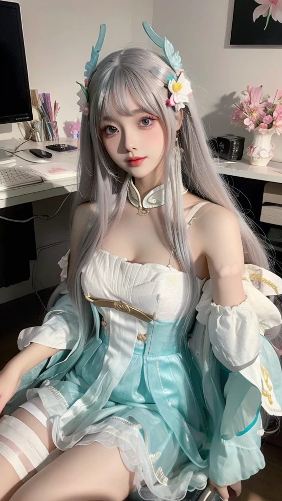 a close up of a woman sitting on a chair with a flower in her hair, computer graphics by Lü Ji, trending on cg society, rococo, anime barbie doll, anime thai girl, popular korean makeup