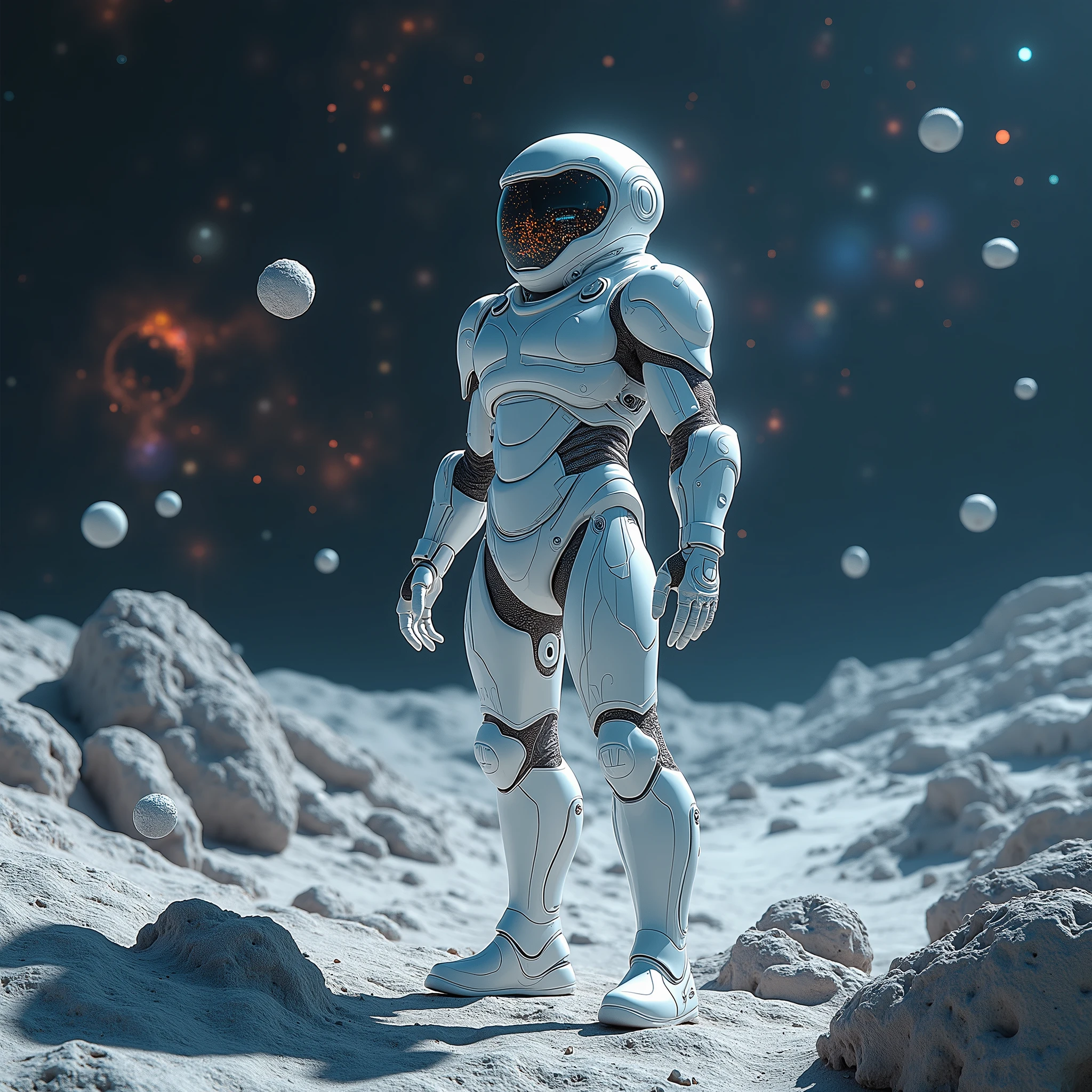 A humanoid wearing an alien a high-tech liquid white iridescent war armor. Wearing an alien helmet from transparent glass and you can see galaxies and nebulas inside the transparent helmet. The humanoid stands on the surface of an asteroid and you can see the total black deep space full of millions of stars, distant planets and nebulas. Floating geometrical 3D shapes levitating above asteroid ground in close proximity from the ground. Realistic, hyperrealism, high resolution, extreme quality, volumetric lighting, extreme details, sharp details, 4k hdr