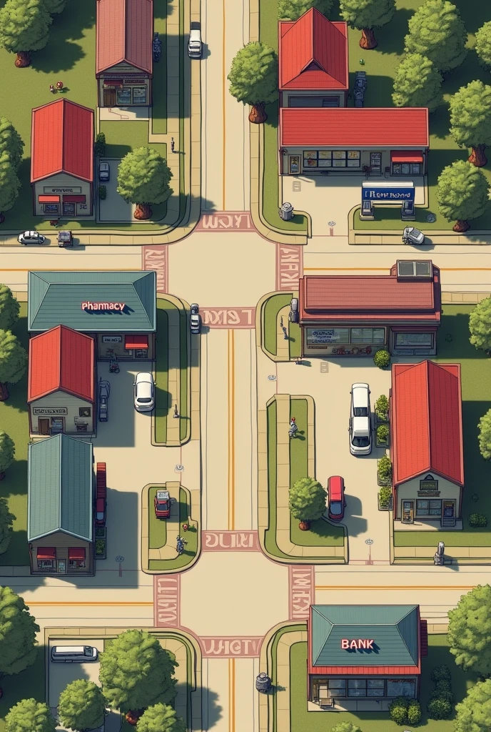 There is one street going east to west.There are two streets going north to south.The pharmacy is in the northwest corner.The bank is across from the pharmacy.The bank is to the east of the pharmacy.The hardware store is south of the bank.The supermarket is between the hardware store and the gas station.The gas station is east of the supermarket. Como mapa medio detalladadito
Con los nombres de cada lugar arriba en grande
