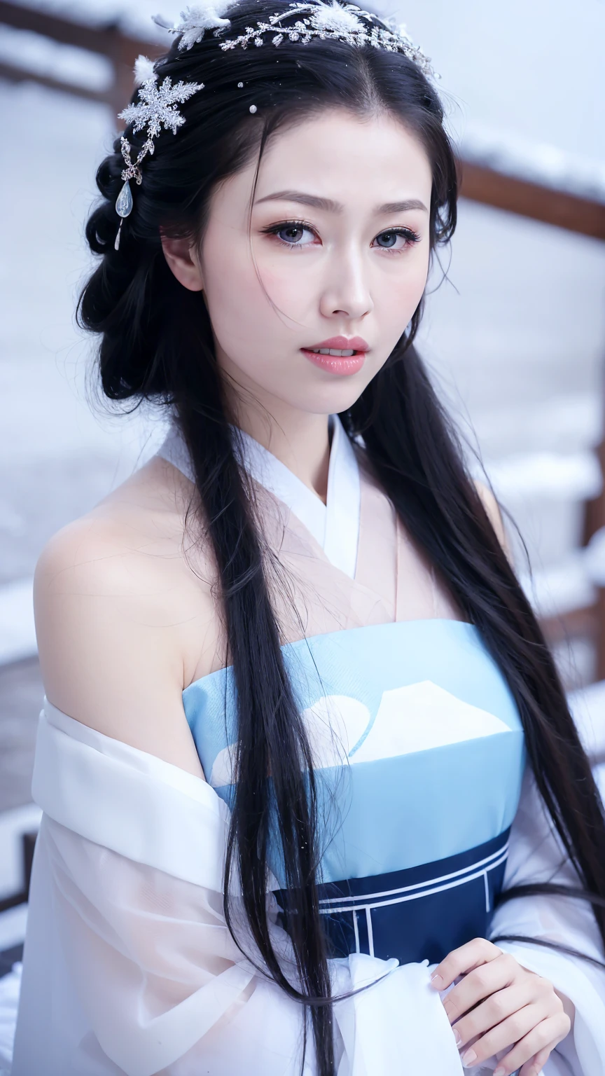 1 Fashion Model [[[[close up]]]], [[[[neck]]]], [[[[Shoulder]]]], (((Complete head)))，(((Complete hairstyle)))，Perfect eyes, Perfect Iris，Perfect lips，Perfect Teeth，Perfect skin，White skin，Soft headlights，High-density imaging，Black long hair，（Clean and delicate face），((White fur winter hanfu))，((Half-length photo))，((The background is a snowy scene))，((winter))，((Various dynamic poses))，((The background is a snowy scene))，best quality，masterpiece，（Soft colors：1.2）