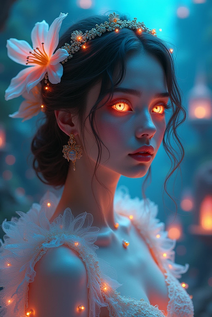 a surreal female character in a surreal world, detailed portrait, beautiful intricate eyes, elegant flowing hair, radiant skin, ethereal glowing aura, dreamlike fantasy environment, floating islands, strange organic architecture, vibrant jewel-toned colors, dramatic theatrical lighting, cinematic composition, digital art, highly detailed, photorealistic, 8k, masterpiece