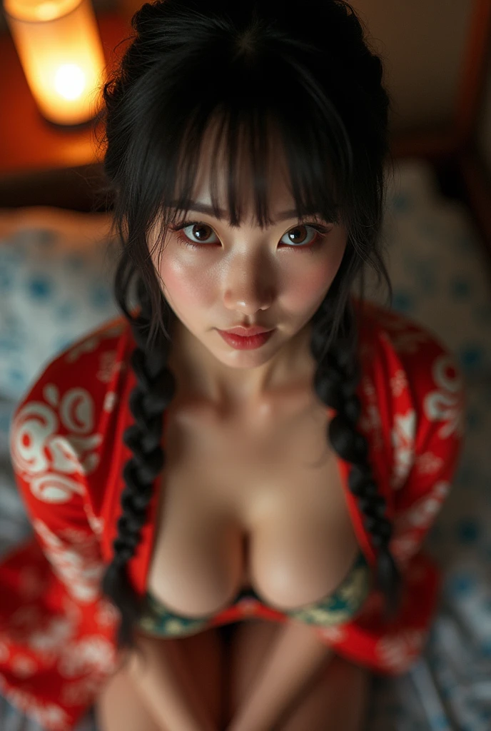 (Oiran:1.4)、(Micro bikini with cleavage emphasis:1.7)、One Girl,Black hair Bangs Long hair、Braided hair、Disheveled Hair、(Show me your neck and shoulders:1.7)、(From above:1.3)、(Exposed neck and shoulders:1.5)、Light brown eyes、(Detailed and well-proportioned eyes:1.4)、(Extraordinary beauty)、(Dignified look)、(Colorful traditional kimono, A shiny luxury Japan based on white:1.4)、(Big Tits:1.4)、(Photorealistic)、(Intricate details:1.2)、(masterpiece、:1.3)、(Highest quality:1.4)、(Ultra-high resolution:1.2)、Ultra-high resolution、(Detailed eyes)、(Detailed facial features)、wear Kimono_Clothes、(A dark room lit only by a bedside lantern:1.4)、(Dimly lit enchanting room:1.4)、On the bed、(Are sleeping:1.4)、(Spread your legs:1.7)、Accentuate your thighs、(Beautiful feet:1.4)