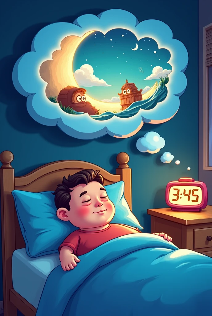 A cartoon men sleeping in bed room at 3:45 at night. Her room in table clock, and he dreaming, her had up dreaming scene in dream shape, her 720x1080 image