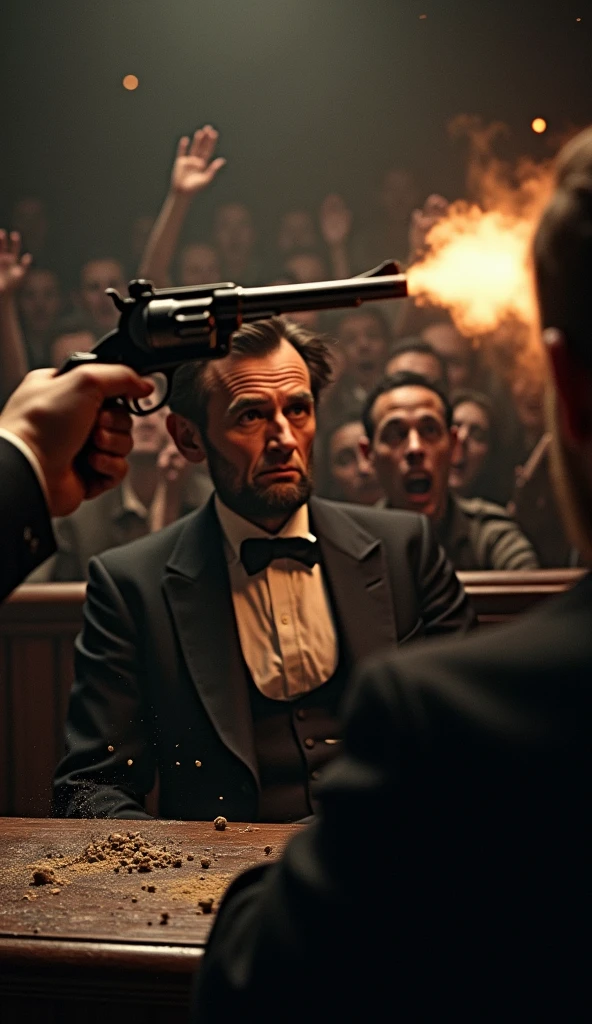 Show a dramatic close-up of Booth’s pistol firing as Lincoln sits stunned, with the audience reacting in horror. The scene should capture the sudden shift from a peaceful night to panic and confusion."