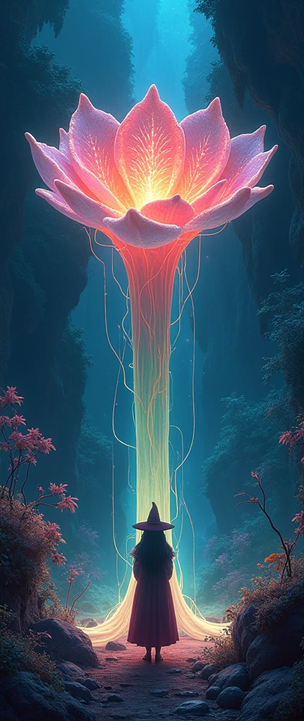 Magical plant ghost flower of the abyss.,Images of a fascinated witch encountering alien life forms, Bioluminescent plants light up, Very detailed, Surrealism, 10k high resolution, Gouache style, graffiti art, Glaslorne, Influenced by Art Nouveau, chest, and the future, The art of lunar encryption,