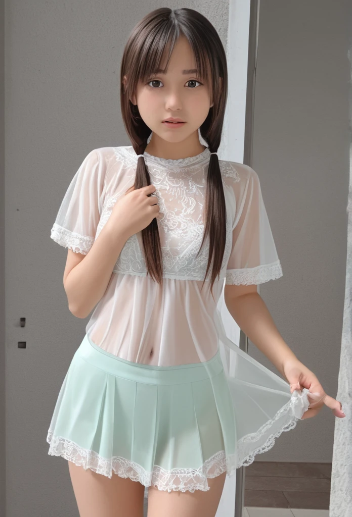 A woman with a beautiful girl々Create a new, whole body, A short sheer dress for、For girls, remove the low-cut see-through blouse and mini skirt., I&#39;m looking forward to both, The boy is kissing her breast, Make it look realistic