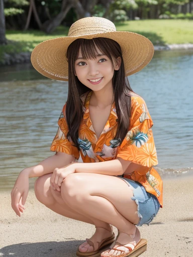 Japanese female, (underweight), (medium bust best quality:1.0), 30 years old, (cheerful grin:1.1),
lake, squatting, semi long, (Orange aloha shirt), (straw hat), Japanese, light atmosphere, (full body shot),