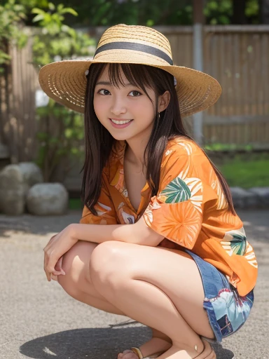 Japanese female, (underweight), (medium bust best quality:1.0), 30 years old, (cheerful grin:1.1),
lake, squatting, semi long, (Orange aloha shirt), (straw hat), Japanese, light atmosphere, (full body shot),