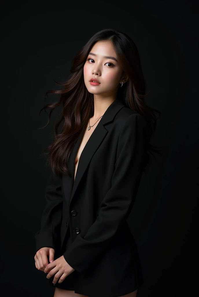 Photoshoot debut girlgrup. Rank 3 trainee. Lead Vocalist, Visual. Korean. Long hair. Her face like Jiho oh my girl. Concept black.