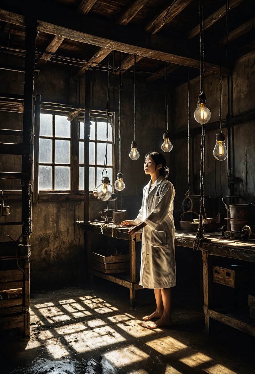 Inside a warehouse, high ceiling with exposed beams, dusty light streaming in through a window, Misaki Sato, a genius botanist, a beautiful young girl who cannot move because her hands and feet are bound to an iron pole in the center, spotlights from hanging bulbs, determination on her stained face, lab coat, sweat beading on her forehead, old machines and wooden boxes casting ominous shadows, the sound of water drops in the distance, running around a corner Rats, tense atmosphere, contrasting noir lighting. Old machinery and crates casting ominous shadows, rats running around corner, tense atmosphere, strong contrast noir lighting, gritty texture, stills from thriller film, ultra fine detail, 8K --AR 16:9 --Stylize 1000